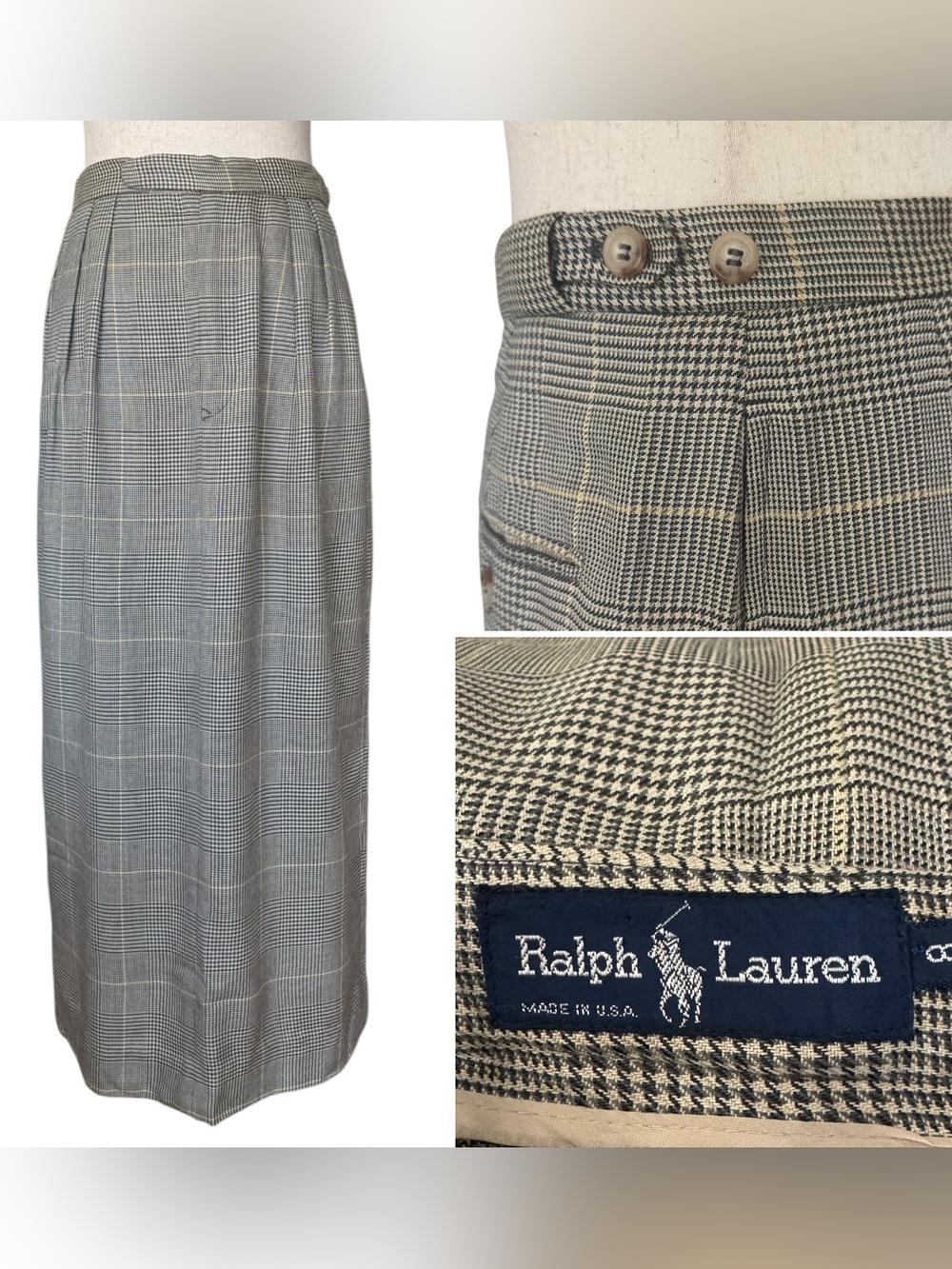Vintage 70s 80s Ralph Lauren Glen Plaid Midi Skirt Classic Preppy sz Small